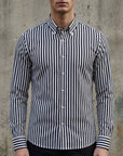 Men's white & black stripe striped button-up shirt