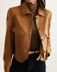 Women's brown leather jacket with collar and front pockets