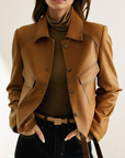 Women's brown leather jacket with collar and front pockets