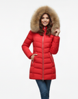Women's puffer jacket hood chevron quilted faux fur collar in beige