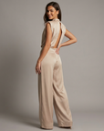 Women’s light brown women's satin jumpsuit wide leg open back