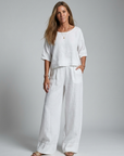 Women’s white women's linen two piece set wide leg