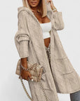 Women's beige longline hooded knit cardigan