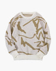 Men's tan knit jumper with abstract pattern and ribbed trim
