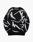 Men's tan knit jumper with abstract pattern and ribbed trim