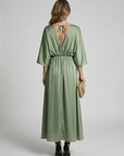 Women’s green women's maxi dress slit tie belt v-neck