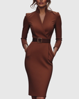 Women's black belted pencil midi dress with three-quarter sleeves