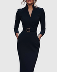 Women's black belted pencil midi dress with three-quarter sleeves
