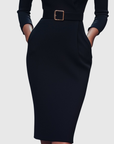 Women's black belted pencil midi dress with three-quarter sleeves
