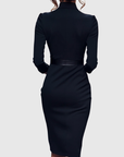 Women's black belted pencil midi dress with three-quarter sleeves