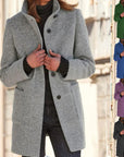 Women's light grey wool coat with retro button front