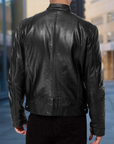 Men's black leather jacket with regular fit and zip front