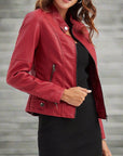 Women's red leather biker jacket with zip pockets
