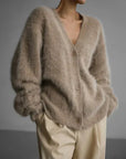 Women's beige cashmere cardigan with loose fit