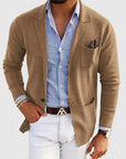 Men's blue single-breasted wool blazer with notch lapel