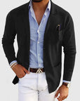 Men's blue single-breasted wool blazer with notch lapel