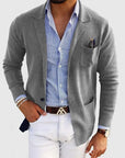Men's blue single-breasted wool blazer with notch lapel