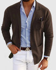Men's blue single-breasted wool blazer with notch lapel