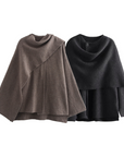 Women's dark grey wool poncho asymmetrical knit wrap outerwear