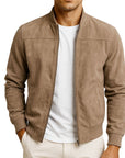 Men's brown minimalist zip-up jacket with stand collar
