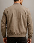 Men's brown minimalist zip-up jacket with stand collar