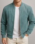 Men's brown minimalist zip-up jacket with stand collar