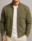 Men's brown minimalist zip-up jacket with stand collar