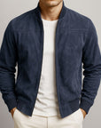 Men's brown minimalist zip-up jacket with stand collar