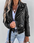 Women's red leather jacket with high collar and waist belt