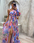 Floral Maxi Dress One-Shoulder Design Flowing Silhouette Evening Wear 0