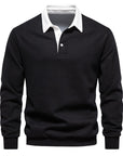 Men's blue long-sleeve knit polo jumper with classic collar