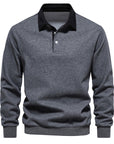 Men's blue long-sleeve knit polo jumper with classic collar