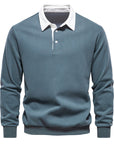 Men's blue long-sleeve knit polo jumper with classic collar