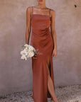 Women’s bronze women's satin evening slip dress
