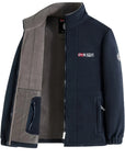 Men's navy outdoor fleece jacket with full zip and high collar