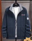 Men's navy outdoor fleece jacket with full zip and high collar