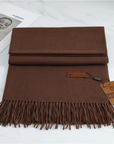 Women's coffee cashmere scarf with tassel trim