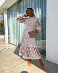 Lace Midi Dress High Neck Puffed Sleeves A-Line Elegant Evening Wear 0