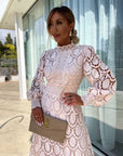Lace Midi Dress High Neck Puffed Sleeves A-Line Elegant Evening Wear 1