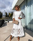 Lace Midi Dress High Neck Puffed Sleeves A-Line Elegant Evening Wear 2