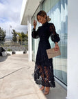 Lace Midi Dress High Neck Puffed Sleeves A-Line Elegant Evening Wear 6