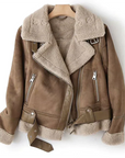 Women's brown faux leather jacket with sherpa lining