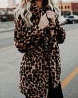 Women's leopard leopard print faux fur coat with oversized collar