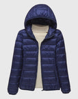 Women's dark blue ultra-light quilted hooded jacket