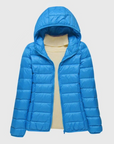 Women's dark blue ultra-light quilted hooded jacket