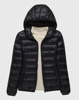 Women's dark blue ultra-light quilted hooded jacket