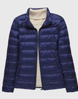 Women's dark blue ultra-light quilted hooded jacket