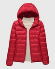 Women's dark blue ultra-light quilted hooded jacket