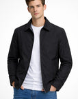 Men's blue harrington jacket with check lining and zip front