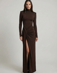 Maxi Dress Ruched Design High Neckline Thigh-High Slit Evening Wear 1